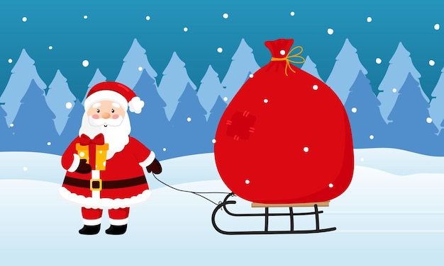 선물의 큰 가방으로 썰매를 당기는 귀여운 산타 클로스의 그림 겨울 숲의 산타 클로스 포스터 인사말 카드 및 계절 디자인에 대한 그림
