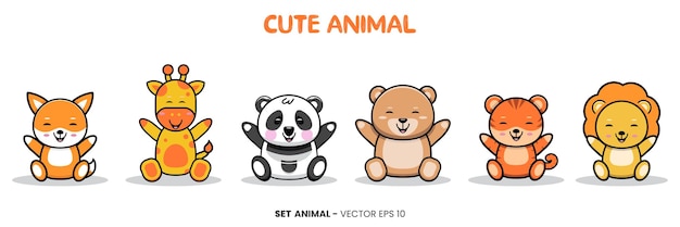 illustration of cute sit animal characters giraffe panda bear tiger lion and fox