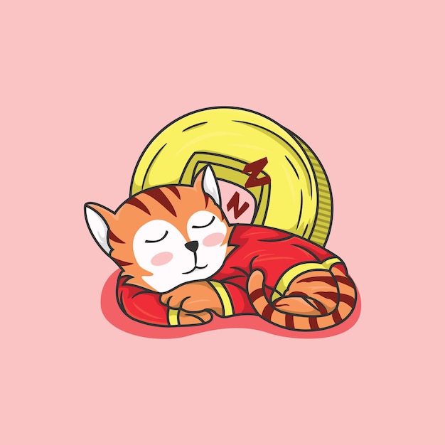 Illustration of cute sleeping tiger in Chinese clothes