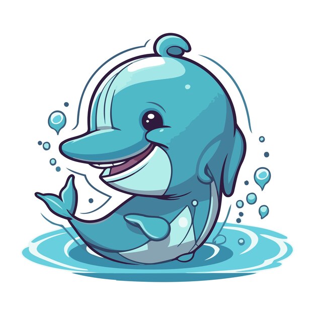 Vector illustration of a cute smiling blue whale cartoon character in water