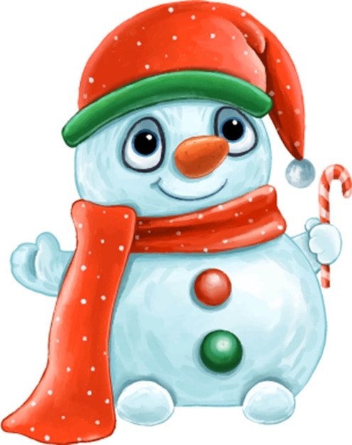 Illustration Cute snowman in a red hat and scarf