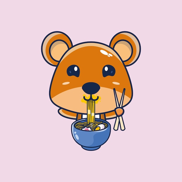 Illustration of cute teddy bear cartoon mascot eating ramen noodles while standing