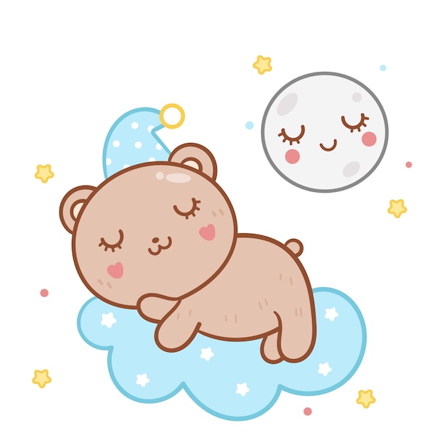 illustration cute teddy bear sleep with moon