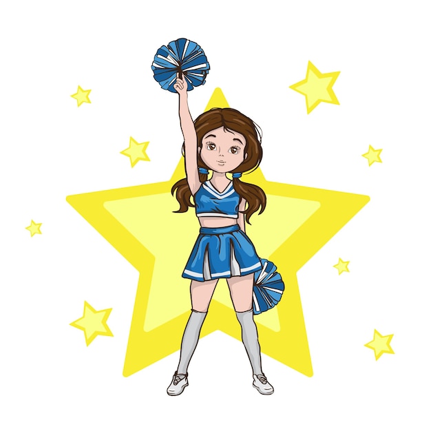 Vector illustration of a cute teenage girl cheerleader dancing with pompoms