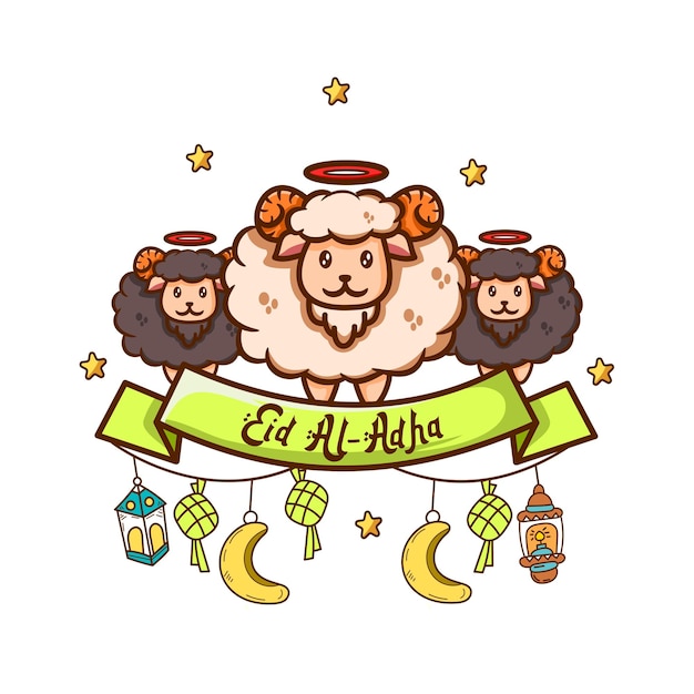 Illustration of cute three sheep sheep with eid al adha mubarak ribbon with lantern hand drawn style