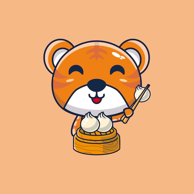 Illustration of cute tiger cartoon mascot is eating dim sum