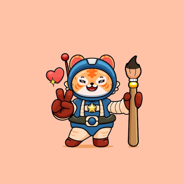 illustration of cute tiger holding paint brushes and showing peace sign