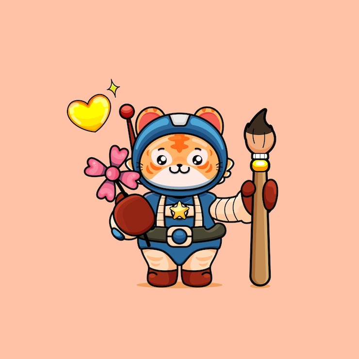 Vector 페인트 브러시를 들고 있는 귀여운 호랑이의 그림과