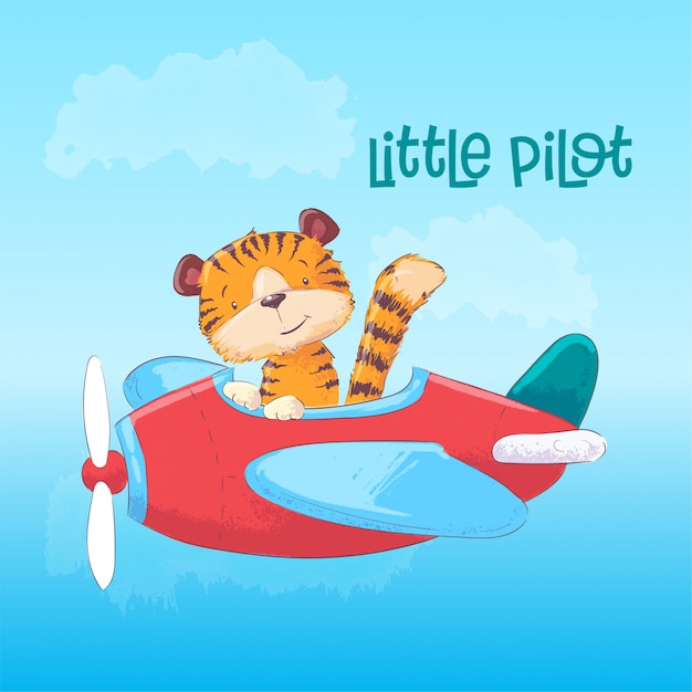 Illustration of a cute tiger on a plane.