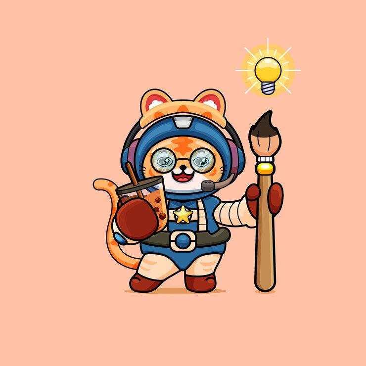 Vector illustration of cute tiger with headset holding boba tea and brushes