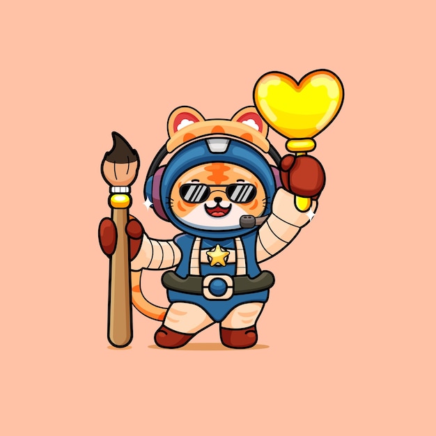 illustration of cute tiger with headset holding brushes and gold love stick