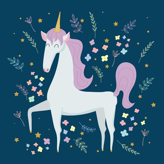 Vector illustration cute unicorn among flowersmagic concept for the decor of invitationsstickersclothes