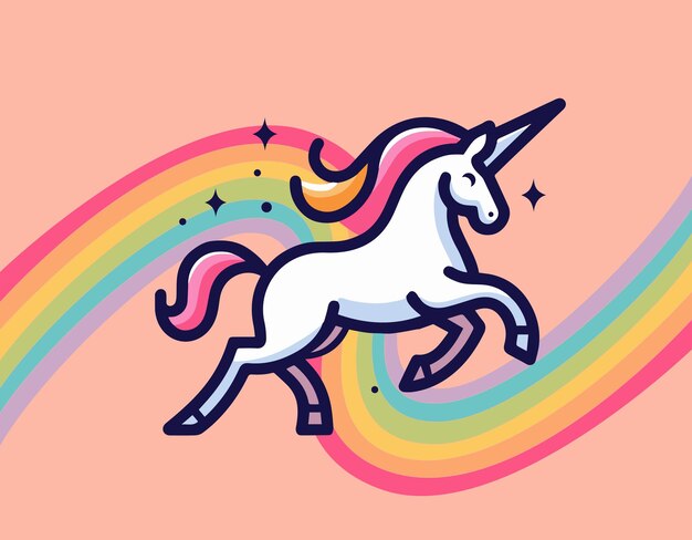 Vettore illustrazione di un carino unicorno che salta su un arcobaleno