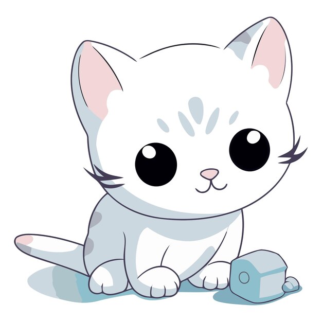 Illustration of a cute white cat sitting on the ground with a stone