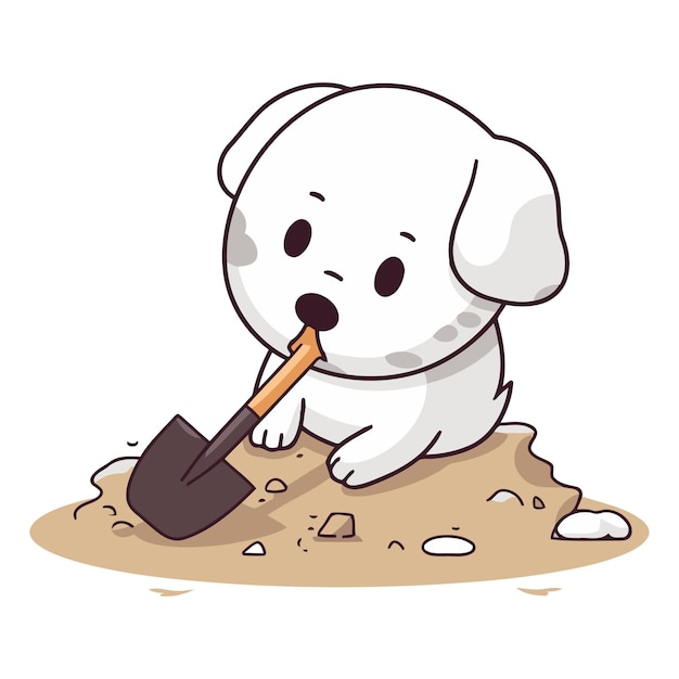 Vector illustration of a cute white puppy digging a hole with a shovel