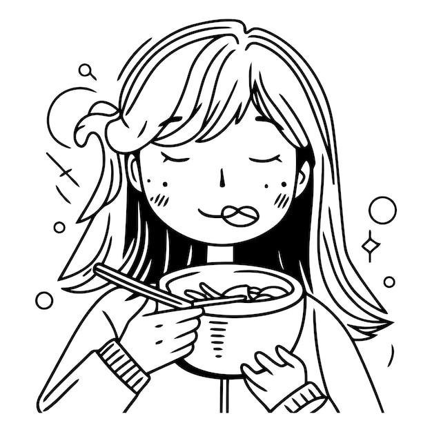 Vector illustration of a cute woman eating a bowl of cereals