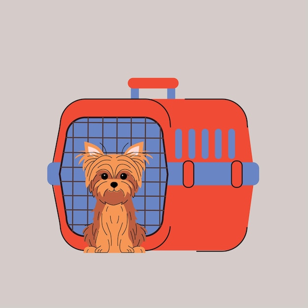illustration of a cute yorkshire terrier sitting inside a red pet carrier with a blue latch the dog