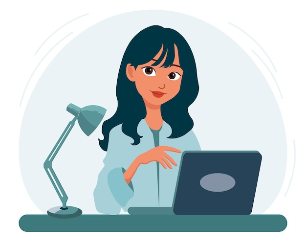 Illustration a cute young freelancer girl with a laptop and a lamp on an abstract background