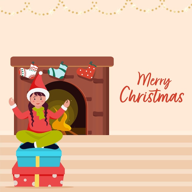 Illustration of cute young girl sitting on gift boxes and arched fireplace against pastel peach background for merry christmas concept