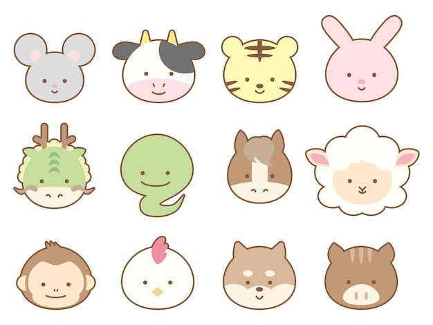 Illustration of the cute zodiac 12 cute animal head icons