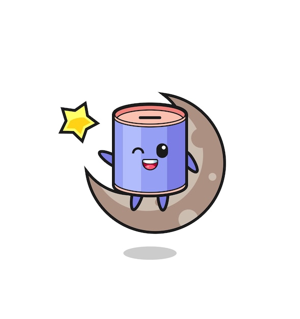 Illustration of cylinder piggy bank cartoon sitting on the half moon cute design