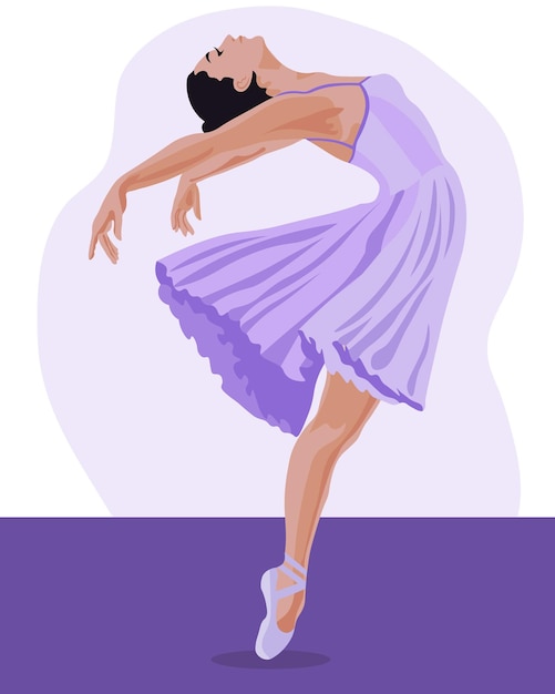 Иллюстрация танцующей балерины в нежном сиреневом платье и пуантах