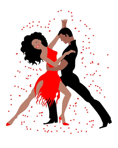 Illustrazione di una coppia di ballerini, un uomo in nero e una donna in un abito rosso in una posa elegante