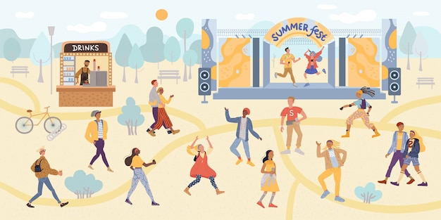 Vector illustration dancing people summer festival