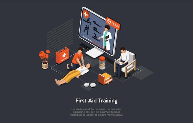 Illustration on dark background. vector composition, cartoon 3d style, isometric objects and characters. design on first aid remote video course, professional medical help online training concept.