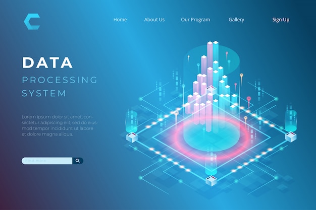 Illustration of data processing, big data concepts, programming in isometric style