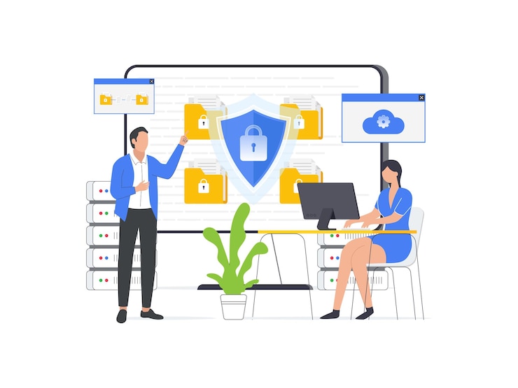 Vector illustration of data security a shield on a computer desktop or laptop protects sensitive data ensuring internet security vector design with character illustration