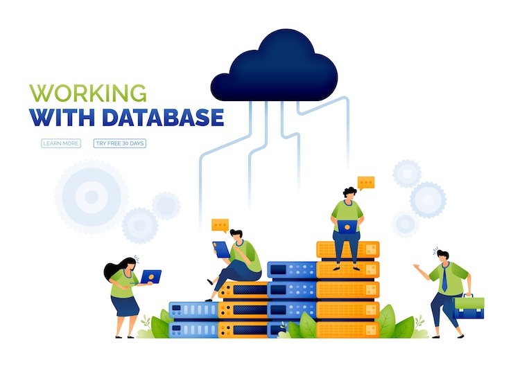 Vector illustration of database and cloud increased server access database charts and cloud computing communications access upload and download on cloud can use for ad poster campaign website apps