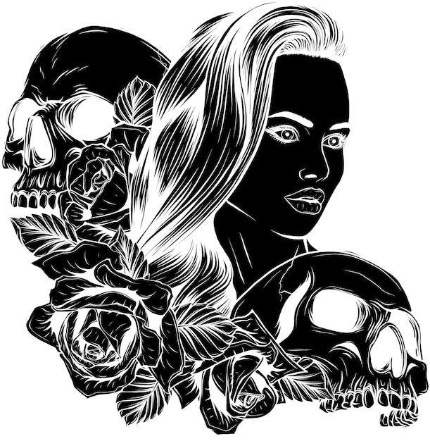 illustration of Dead girl with two skulls