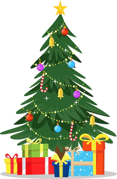 Иллюстрация Украшенная новогодняя елка с подарком