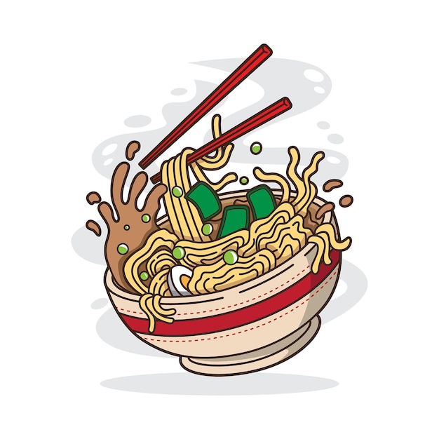 フラットスタイルのボウルに美味しい日本のラーメンのイラスト