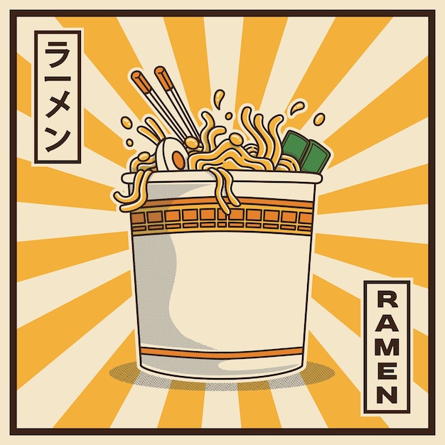 Illustrazione di deliziosi spaghetti ramen giapponesi sulla tazza con stile piatto retrò vintage