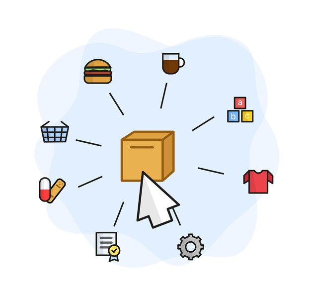 Illustration of the delivery of goods A box with a cursor around a hamburger coffee game blocks a Tshirt gear a tablet and a patch a shopping basket Illustration food drinks baby products