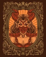 Vector illustration demon girl with skull antique engraving style perfect for tshirt hoodie jacket poster