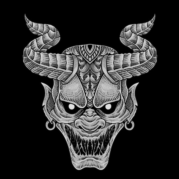 Vettore stile dell'incisione della maschera del demone dell'illustrazione su fondo nero
