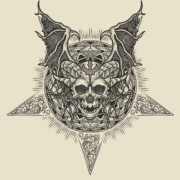 Illustration of demon skull head with vintage engraving ornament in back perfect for your business and Merchandise