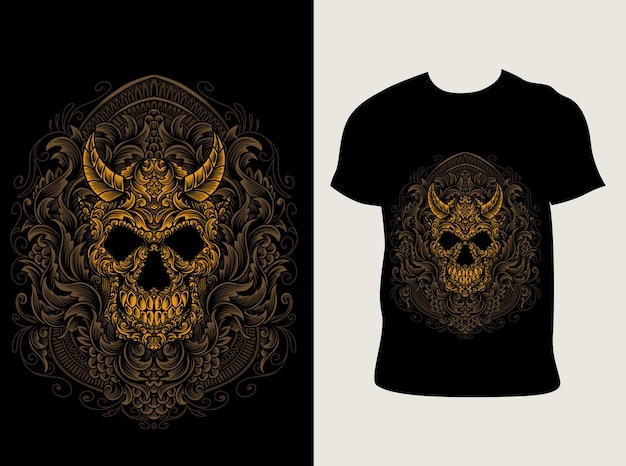 illustration demon skull with engraving ornament style