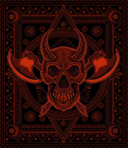 Illustration  demon skull with two axe on sacred geometry background