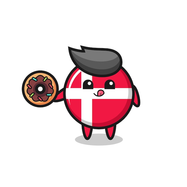 Illustration of an denmark flag badge character eating a doughnut