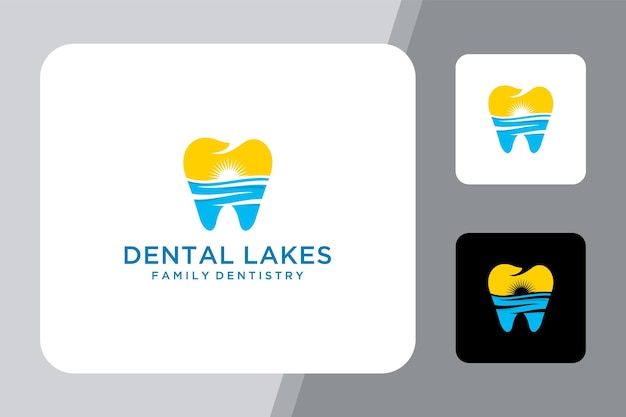 Illustration dental silhouette with beach or lake inside with the rising sun logo