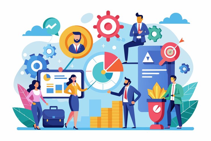Vector an illustration depicting business professionals working together to analyze data develop strategies and achieve goals