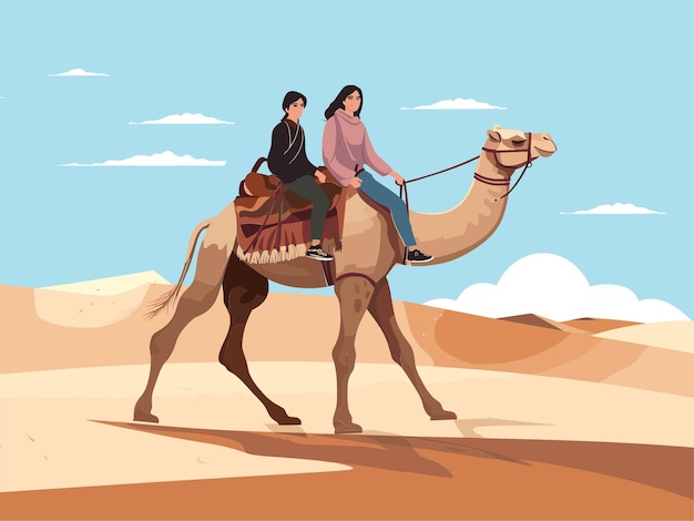 Illustration of Desert Caravan People Riding Camels