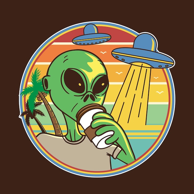 Vector illustration design alien drink coffee at beach in flat cartoon style