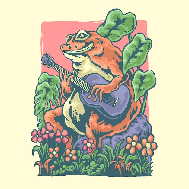 Illustration design of a frog playing guitar