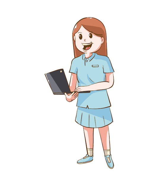 Disegno dell'illustrazione della ragazza che sta portando il computer portatile per la presentazione