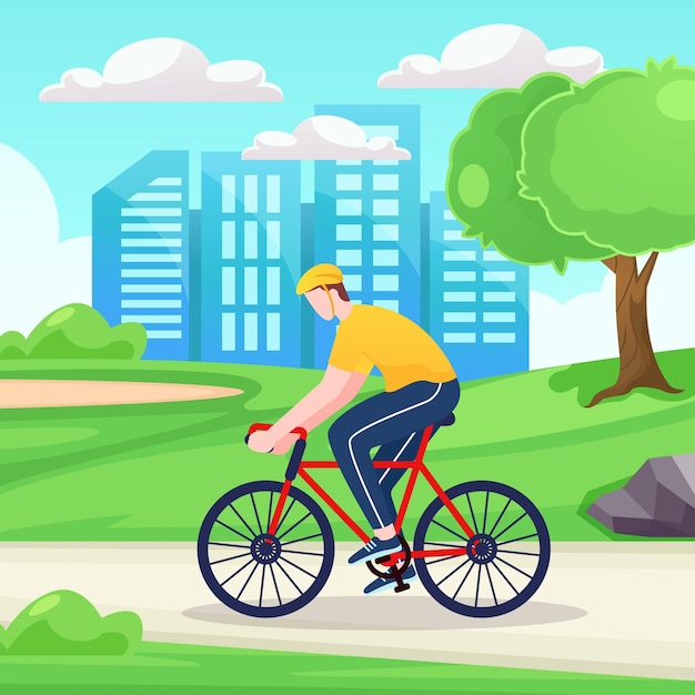 Illustration design of man cycling in urban park for world bicycle day background